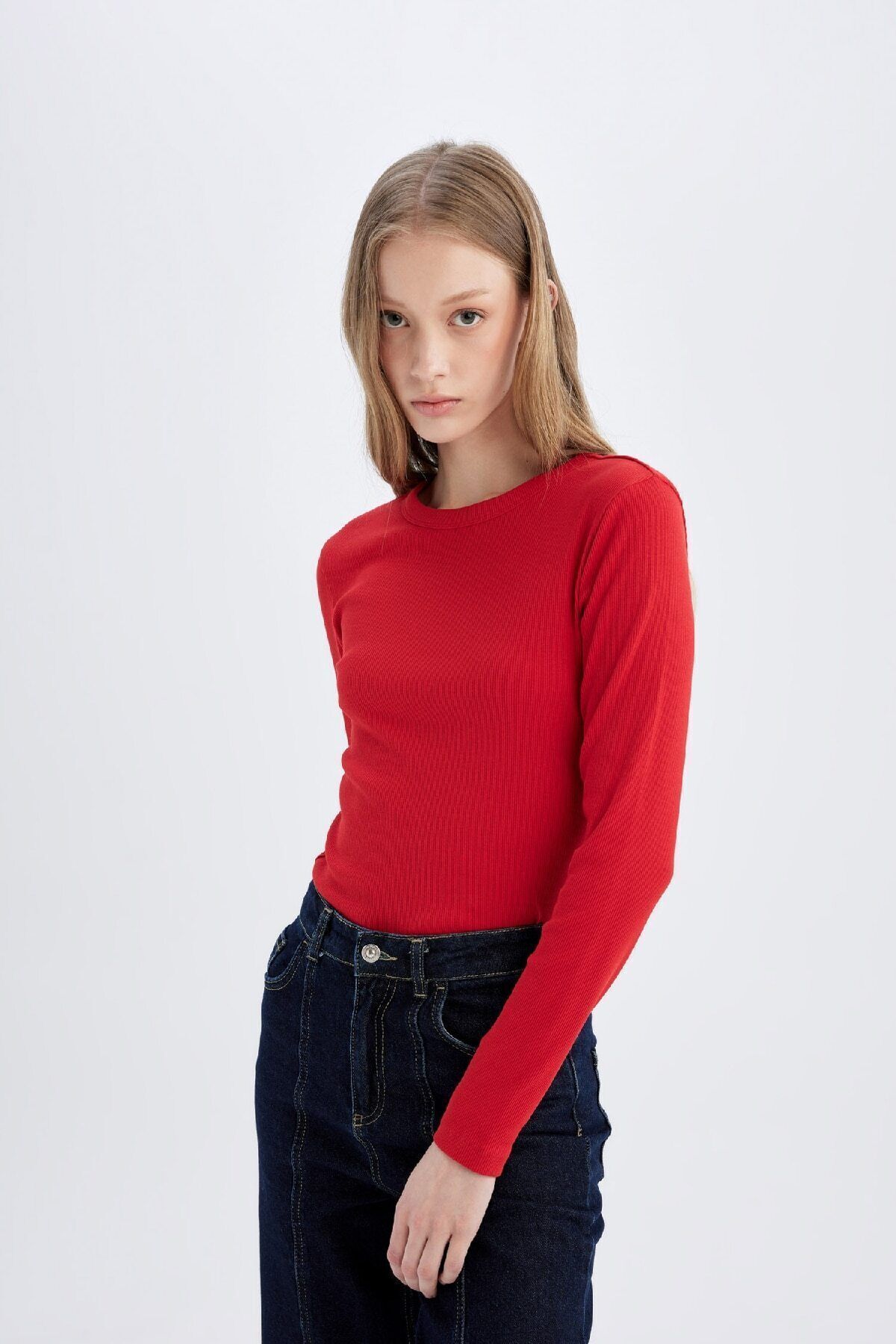 Slim Fit Dar Kesim Bisiklet Yaka Fitilli Kaşkorse Basic Düz Uzun Kollu Tişört C7516ax24au Slim Fit Dar Kesim Bisiklet Yaka Fitilli Kaşkorse Basic Düz Uzun Kollu Tişört C7516ax24au
