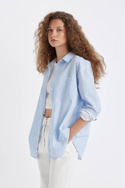 Oversize Geniş Kalıp Cepli Çizgili Poplin Uzun Kollu Gömlek B1132ax24au Oversize Geniş Kalıp Cepli Çizgili Poplin Uzun Kollu Gömlek B1132ax24au