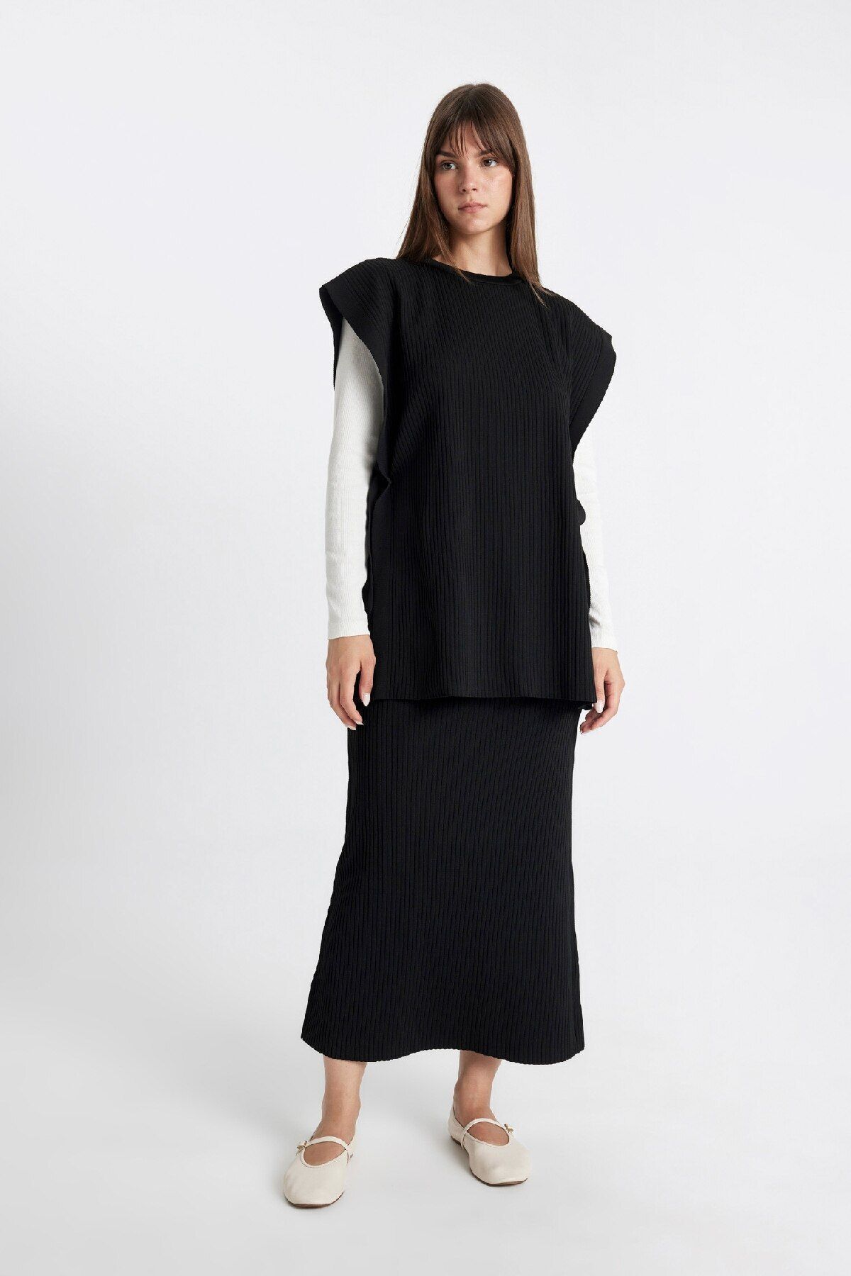 Regular Fit Basic Düz Maxi Siyah Triko Etek A1314ax24au