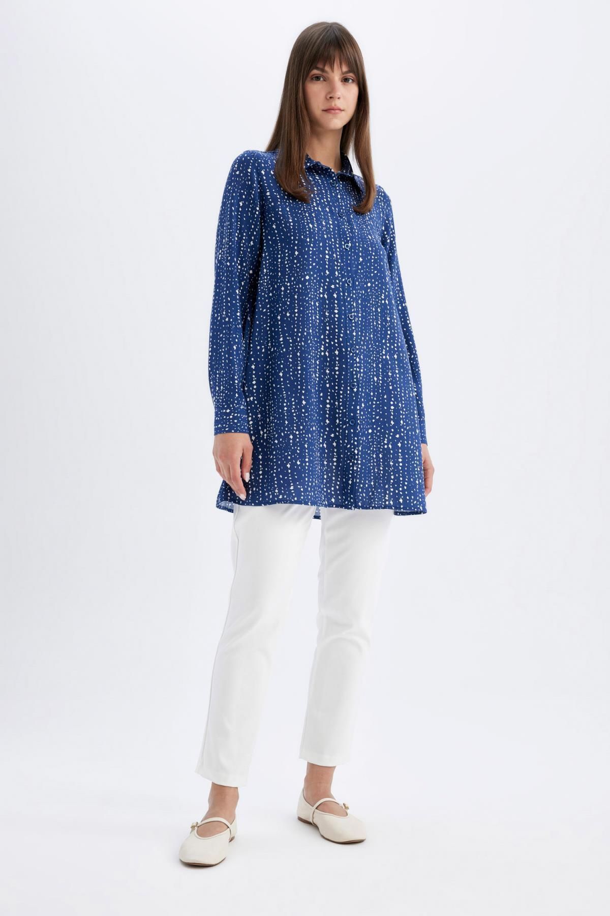 Regular Fit Desenli Viskon Basic Uzun Kollu Gömlek Tunik D2777ax24hs