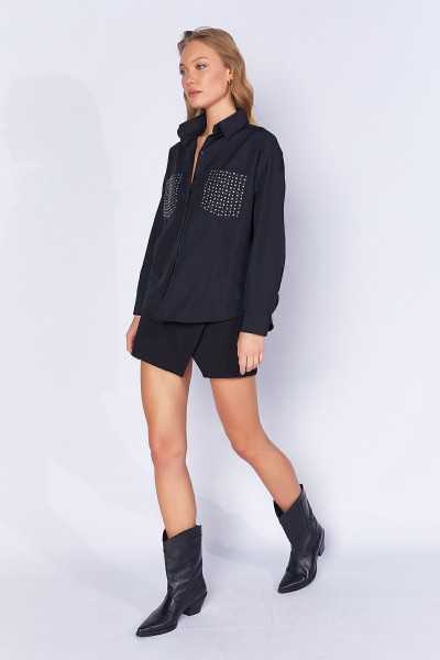 Siyah Cebi Taş Detaylı Oversize Kadın Poplin Gömlek| Ek1000168772-8772 Siyah Cebi Taş Detaylı Oversize Kadın Poplin Gömlek| Ek1000168772-8772