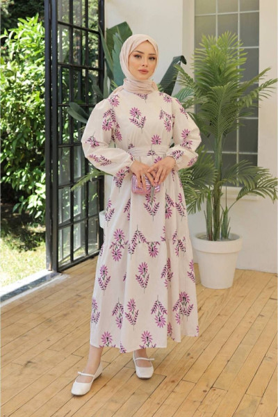 tesettür mor detaylı  günlük elbise