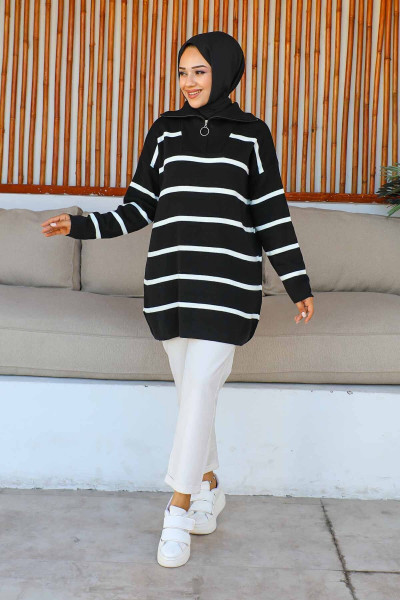 Siyah Yaka Fermuarlı Çizgili Triko Tunik Siyah Yaka Fermuarlı Çizgili Triko Tunik
