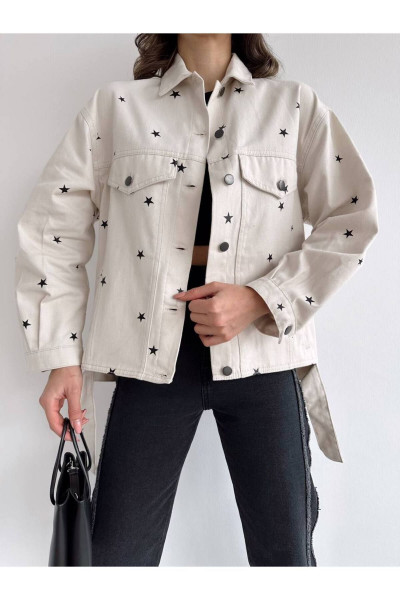 Sonya Yıldız Desenli Ekru Taş Rengi Oversize Denim Kot Ceket Sonya Yıldız Desenli Ekru Taş Rengi Oversize Denim Kot Ceket