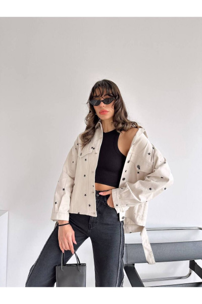 Sonya Yıldız Desenli Ekru Taş Rengi Oversize Denim Kot Ceket Sonya Yıldız Desenli Ekru Taş Rengi Oversize Denim Kot Ceket