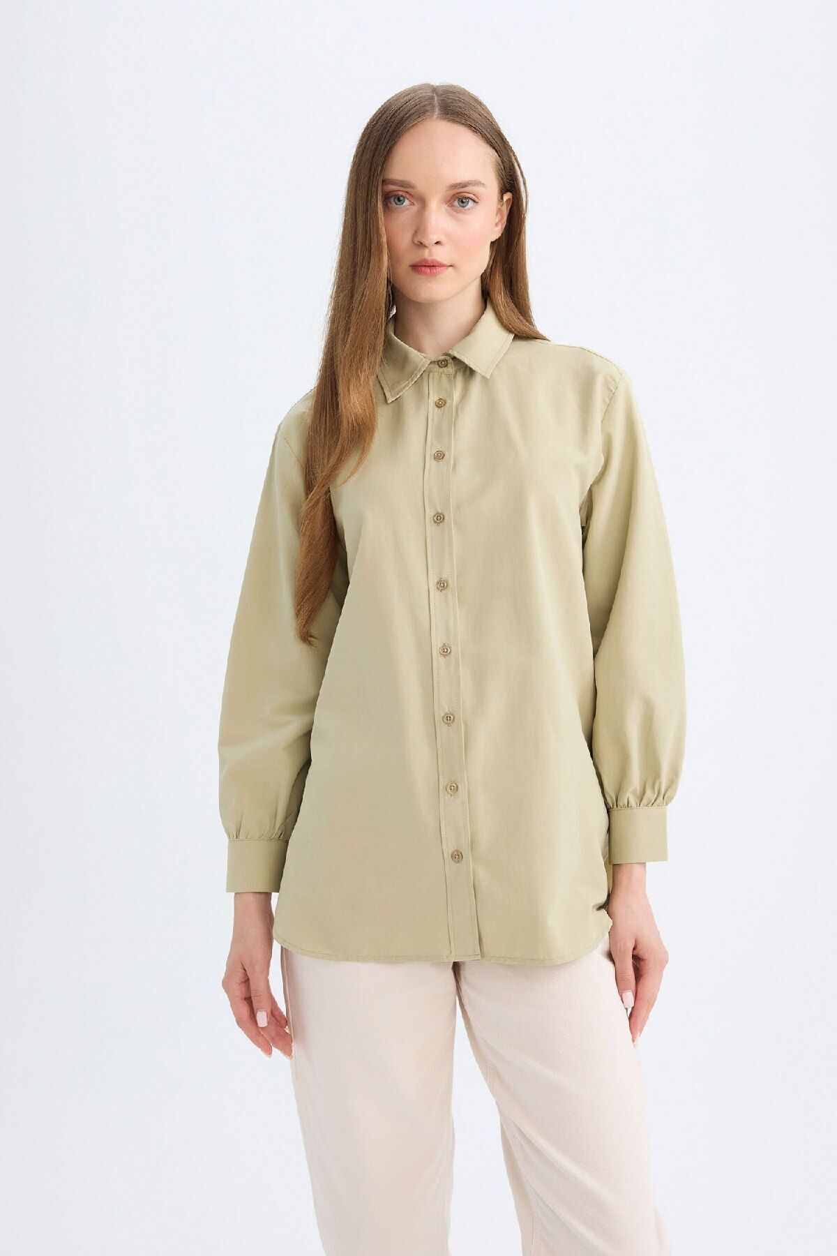 Relax Fit Gömlek Yaka Poplin Basic Düz Uzun Kollu Gömlek Tunik D4159ax24au