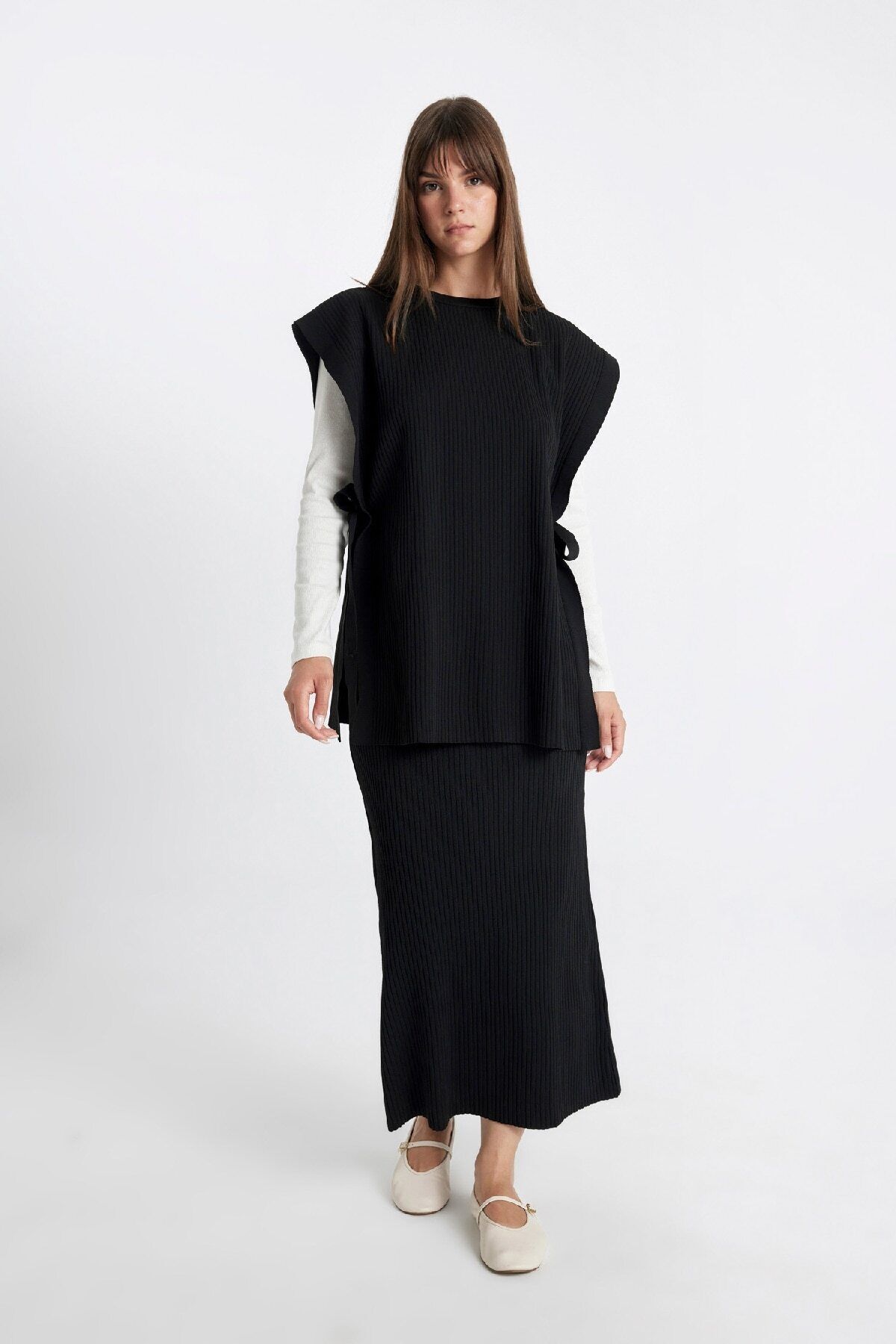 Regular Fit Basic Düz Maxi Siyah Triko Etek A1314ax24au