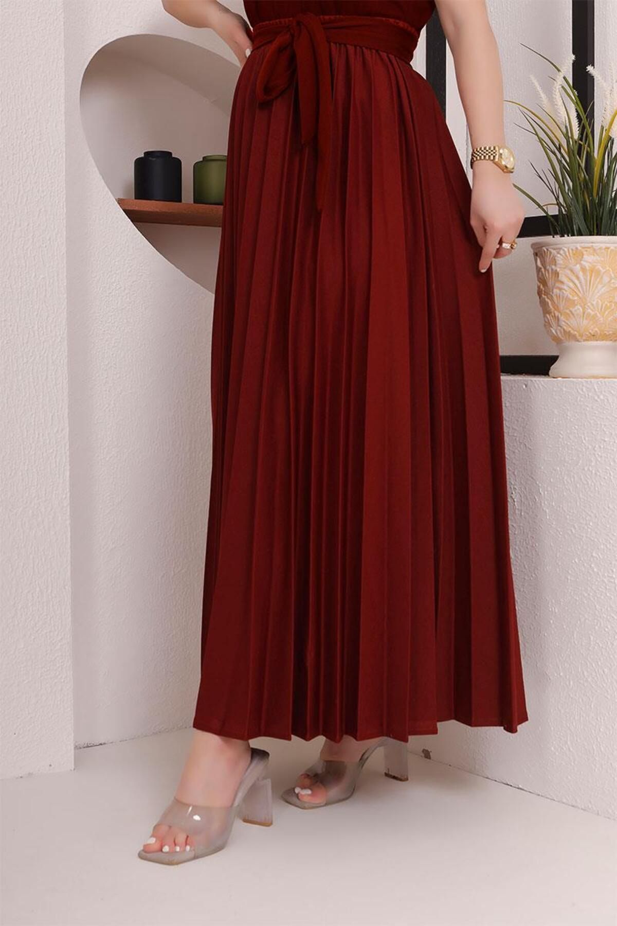 Kuşak Detaylı Piliseli Tesettür Etek BRC1505 Bordo Kuşak Detaylı Piliseli Tesettür Etek BRC1505 Bordo