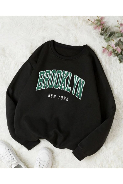 Ünisex Siyah Bronklyn Baskılı Oversize Sweatshirt Ünisex Siyah Bronklyn Baskılı Oversize Sweatshirt
