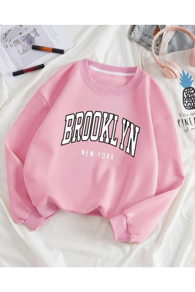 Ünisex Pembe Bronklyn Baskılı Oversize Sweatshirt Ünisex Pembe Bronklyn Baskılı Oversize Sweatshirt