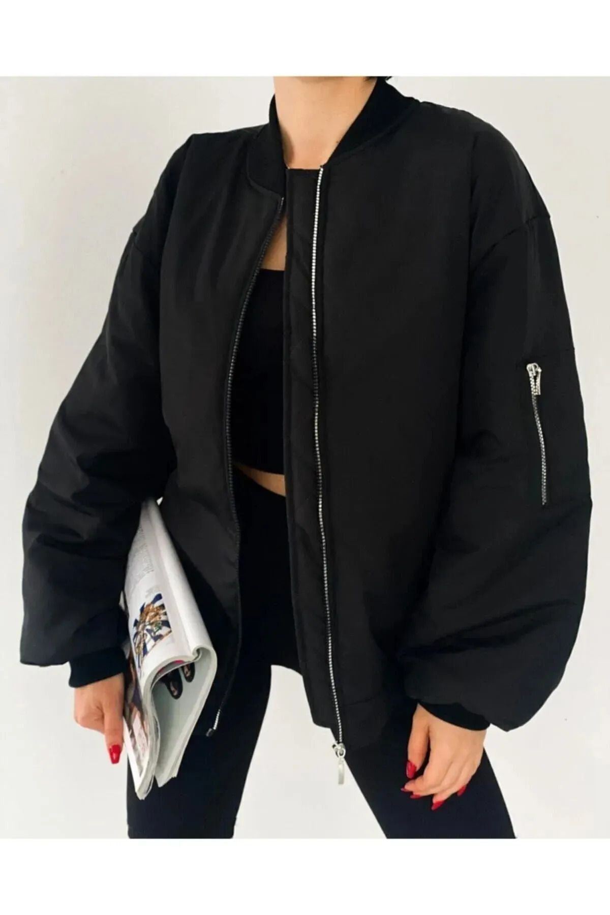 Unisex Siyah Oversize Bomber Ceket Unisex Siyah Oversize Bomber Ceket