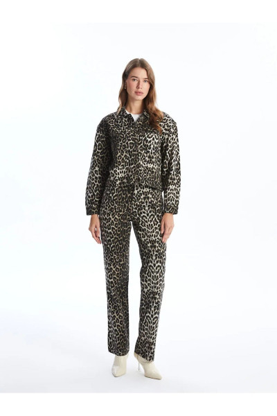 LCW Modest Deve Tüyü Baskılı Gömlek Yaka Leopar Desenli Kadın Jean Ceket