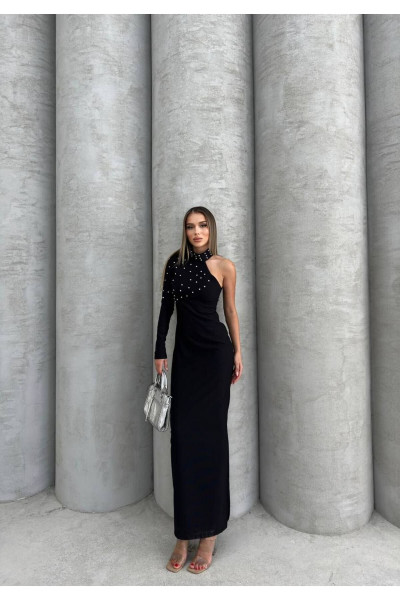 Kadın Siyah Ottoman Kumaş Tek Omuz Taşlı Midi Elbise Kadın Siyah Ottoman Kumaş Tek Omuz Taşlı Midi Elbise