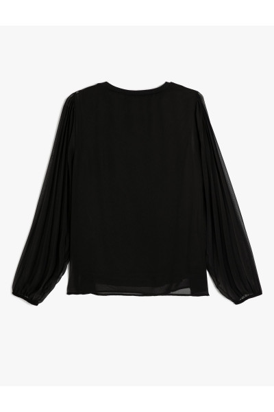 Şifon Kollu Bluz Pileli Bisiklet Yaka Standart Kesim