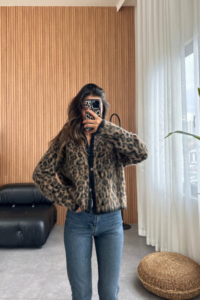 Marka model leopar desenli saçaklı hırka