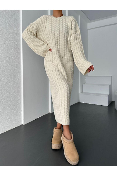 Krem Bisiklet Yaka Örgü Desen Uzun Triko Elbise Krem Bisiklet Yaka Örgü Desen Uzun Triko Elbise