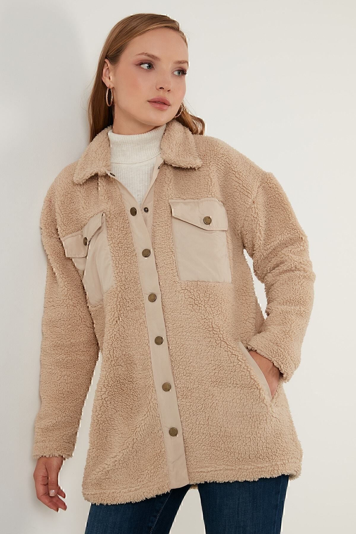 Oversize Suni Kürklü Gömlek Yaka Cepli Kışlık Ceket Ceket 42190487