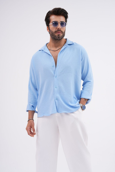 Kışlık Mevsimlik Keten Dokulu Oversize Erkek Gömlek Açık Mavi Kışlık Mevsimlik Keten Dokulu Oversize Erkek Gömlek Açık Mavi