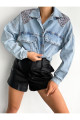 Omuz Apolet ve Zincir Detaylı Oversize Crop Denim Kot Ceket Omuz Apolet ve Zincir Detaylı Oversize Crop Denim Kot Ceket