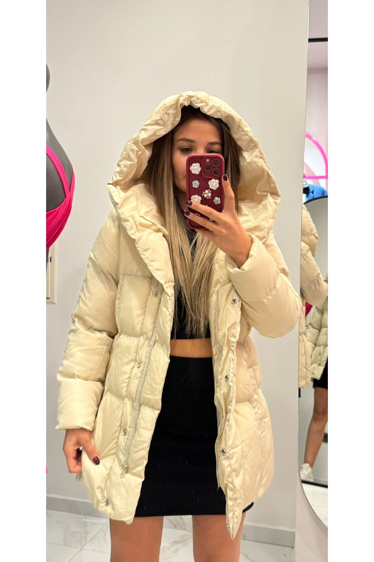 Premium Kalite Kapüşonlu şişme  Su geçirmez mont Bej Premium Kalite Kapüşonlu şişme  Su geçirmez mont Bej