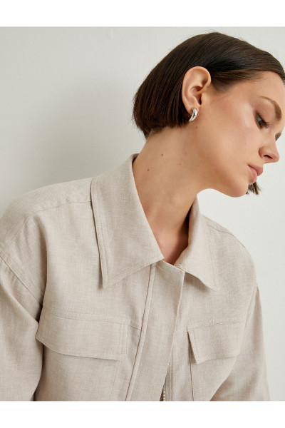 Kısa Ceket Kargo Cepli Keten Karışımlı