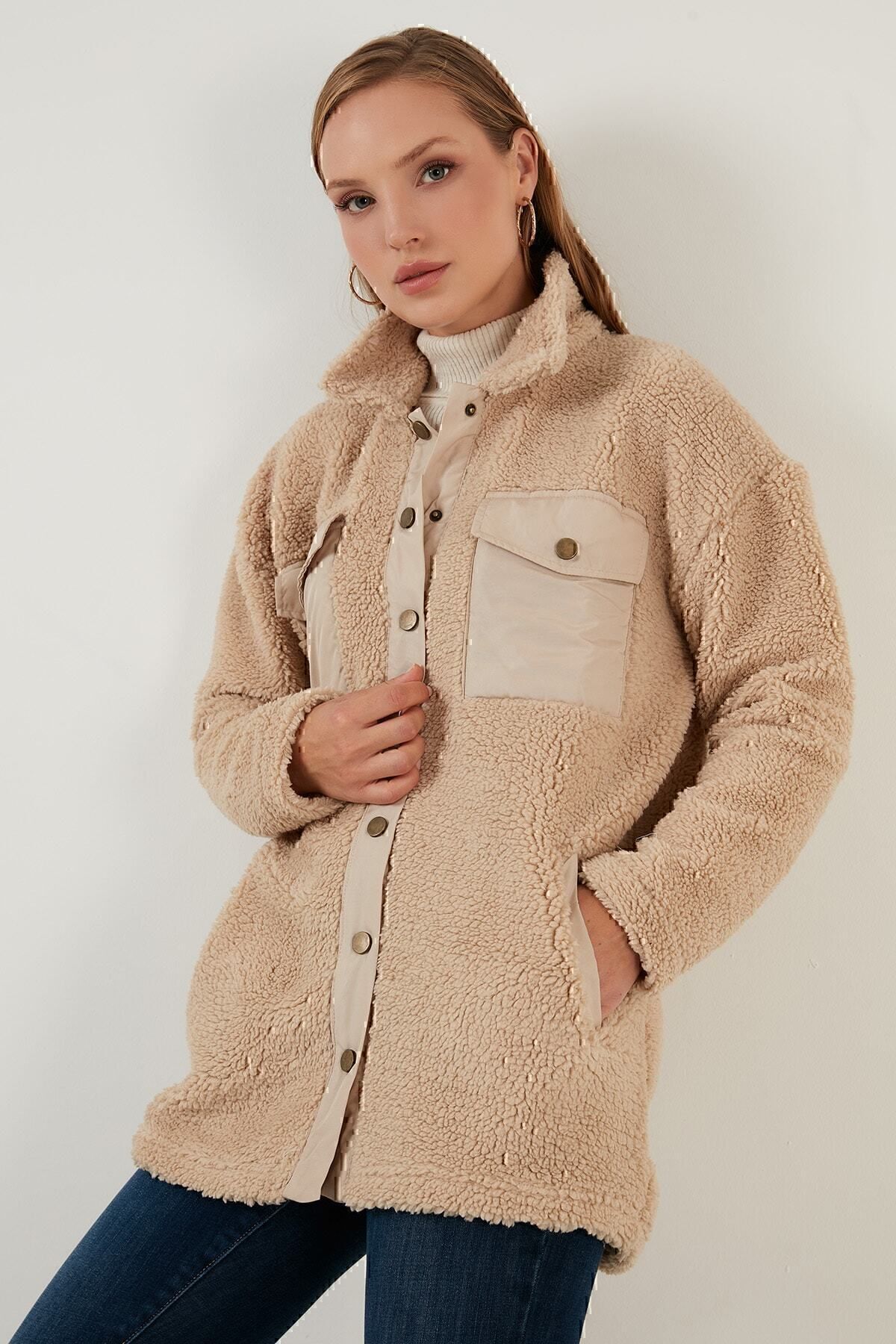 Oversize Suni Kürklü Gömlek Yaka Cepli Kışlık Ceket Ceket 42190487