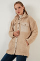 Oversize Suni Kürklü Gömlek Yaka Cepli Kışlık Ceket Ceket 42190487