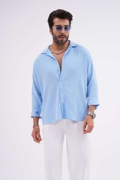 Kışlık Mevsimlik Keten Dokulu Oversize Erkek Gömlek Açık Mavi Kışlık Mevsimlik Keten Dokulu Oversize Erkek Gömlek Açık Mavi