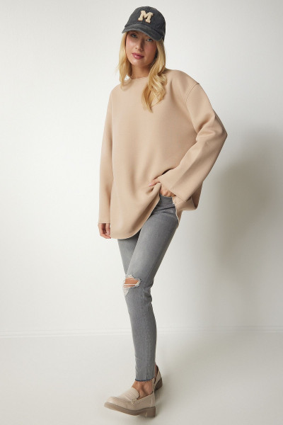 Şardonlu Oversize Örme Sweatshirt CAMEL LNJ0017