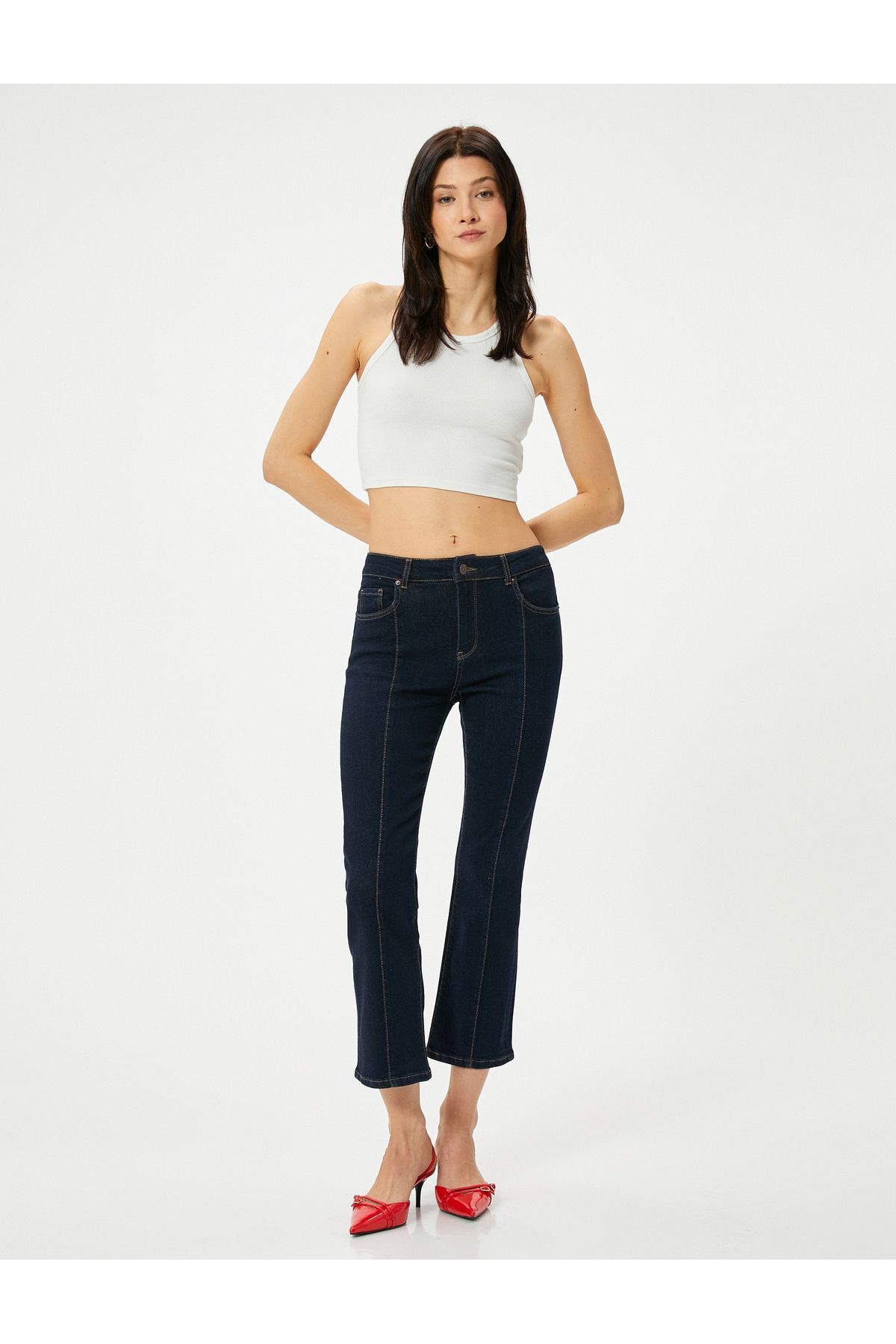 Kısa Ispanyol Paça Kot Pantolon Nervürlü Standart Bel - Flare Crop Jean