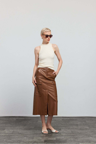 Sütlü Kahve Çift Yırtmaçlı Deri Etek Sütlü Kahve Çift Yırtmaçlı Deri Etek