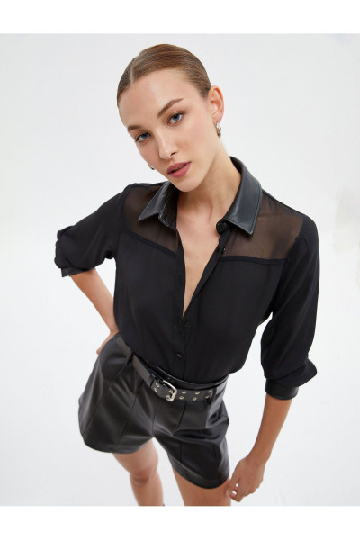 Şifon Gömlek Suni Deri Yaka Tül Detaylı Düğmeli Şifon Gömlek Suni Deri Yaka Tül Detaylı Düğmeli