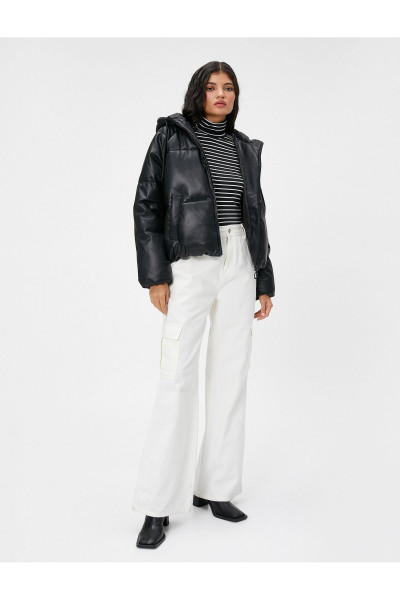 Şişme Mont Deri Görünümlü Kapüşonlu Şişme Mont Deri Görünümlü Kapüşonlu