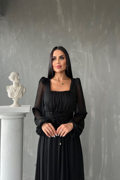 Kare Yaka Kolu Tüllü Şifon Elbise Kare Yaka Kolu Tüllü Şifon Elbise