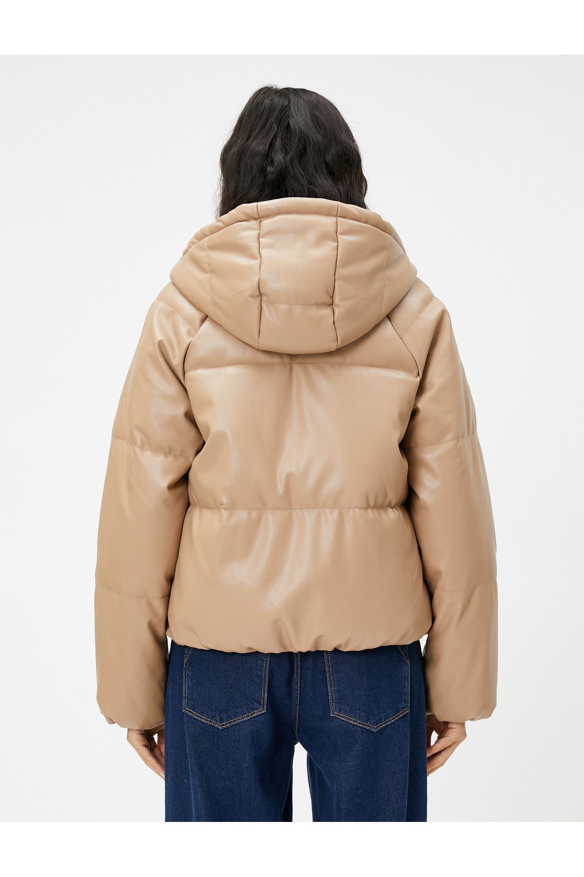 Şişme Mont Deri Görünümlü Kapüşonlu Şişme Mont Deri Görünümlü Kapüşonlu