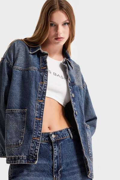Kadın T.Kot Rengi Oversize Cepli Denim Ceket Kadın T.Kot Rengi Oversize Cepli Denim Ceket