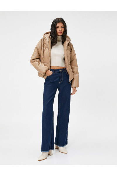 Şişme Mont Deri Görünümlü Kapüşonlu Şişme Mont Deri Görünümlü Kapüşonlu