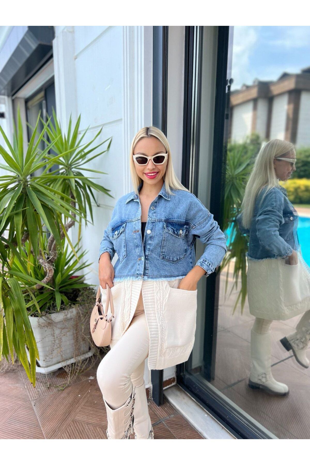 Saç Örgü Detaylı Triko Denim Ceket Saç Örgü Detaylı Triko Denim Ceket