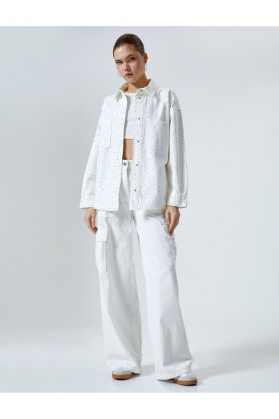 Oversize Taşlı Gömlek Ceket Ekstra Uzun Cepli