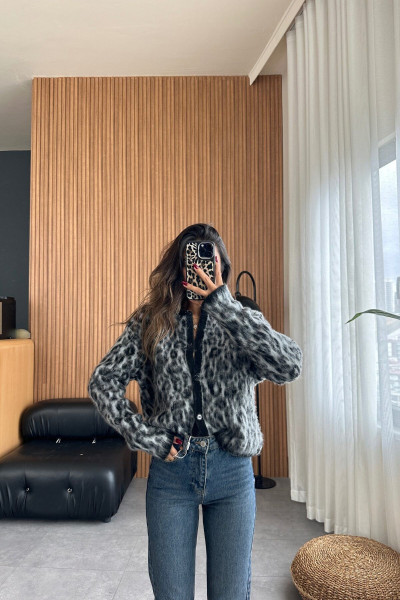 Marka model leopar desenli saçaklı hırka