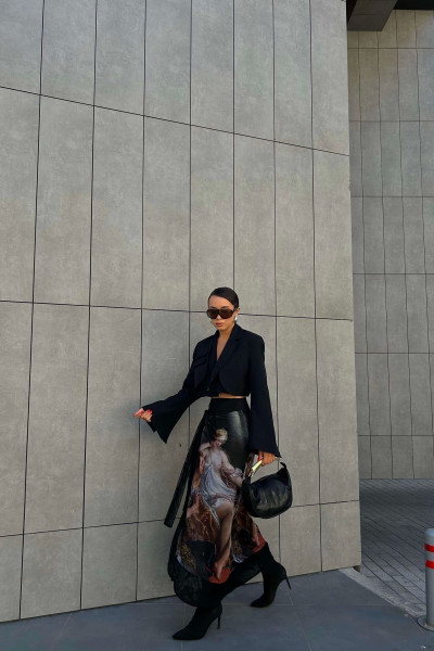 Kadın Siyah Desenli Tül Bağlamalı Etek 1017-4005 Kadın Siyah Desenli Tül Bağlamalı Etek 1017-4005