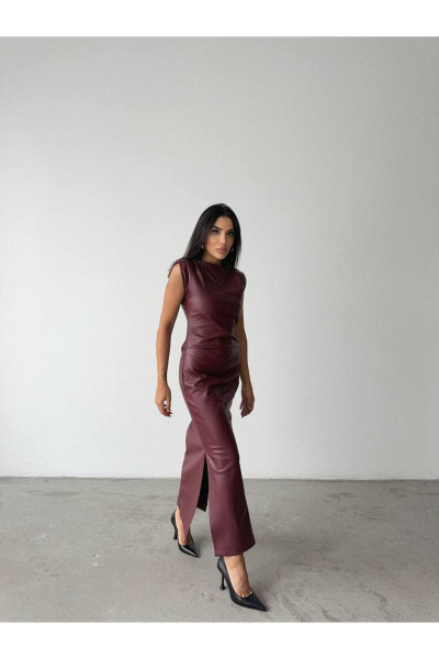 Yanları Yırtmaçlı Beli Drapeli Deri Elbise