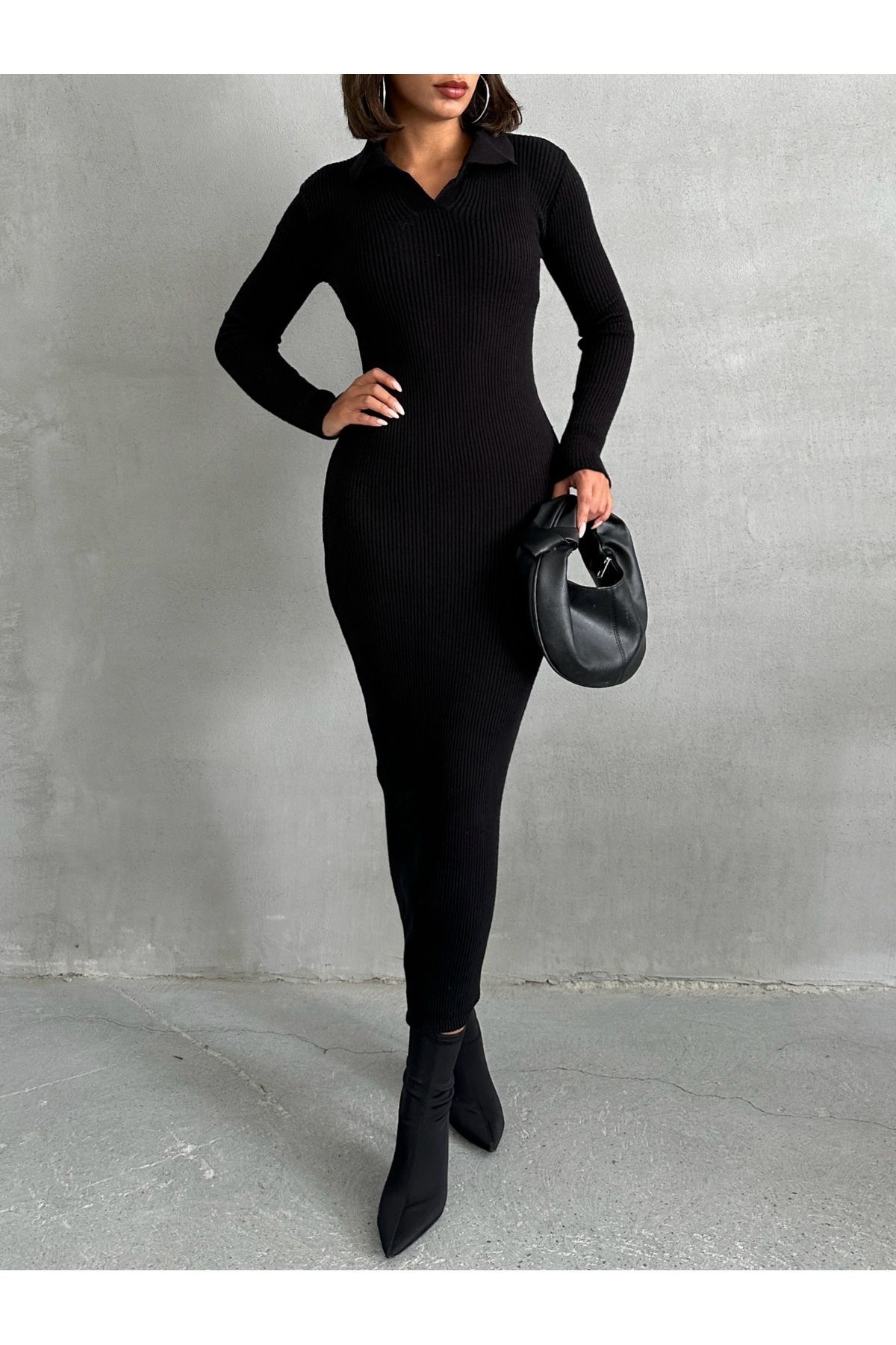 Kadın Siyah Polo Yaka Maxi Basic Triko Elbise Kadın Siyah Polo Yaka Maxi Basic Triko Elbise