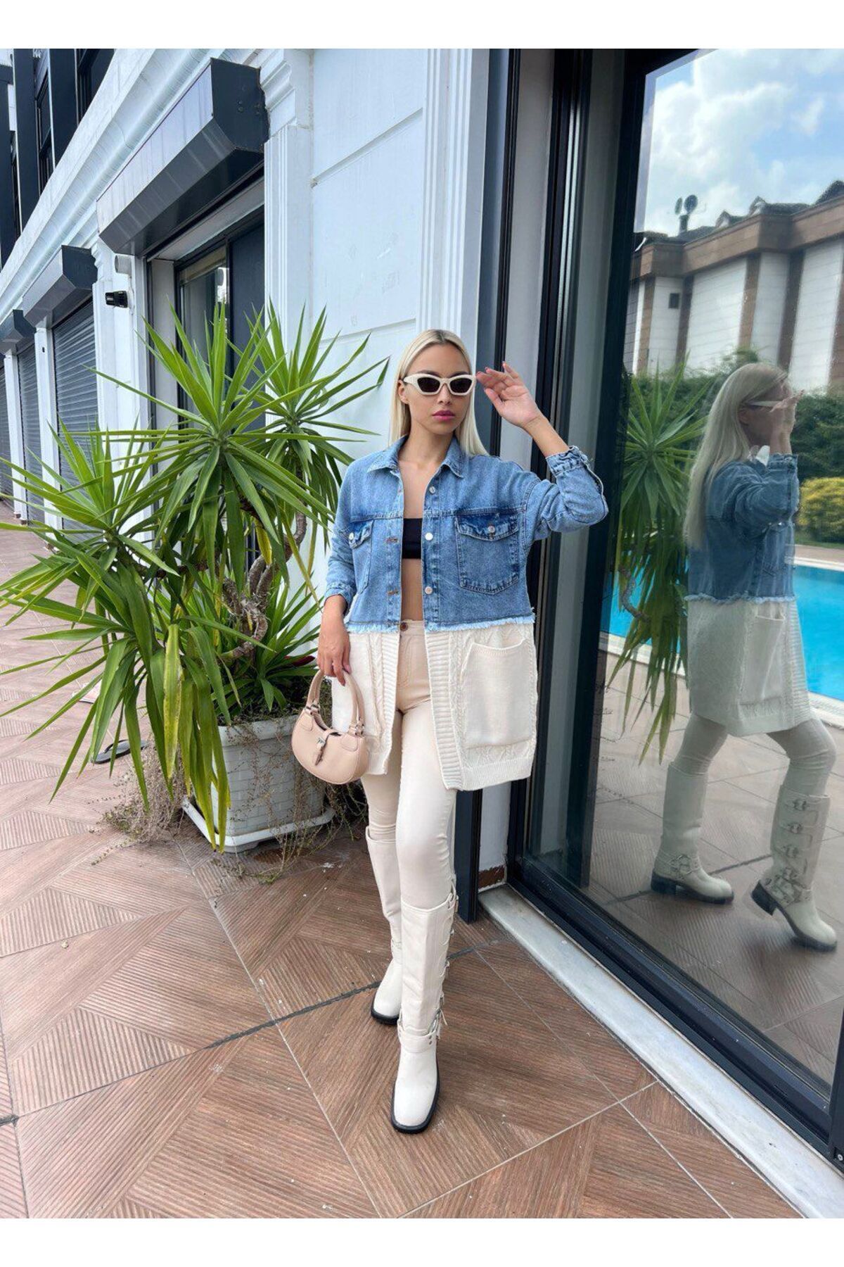 Saç Örgü Detaylı Triko Denim Ceket Saç Örgü Detaylı Triko Denim Ceket