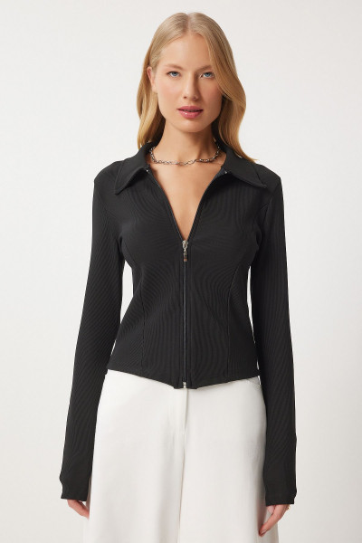 Kadın Siyah Polo Yaka Fermuarlı Saran Örme Bluz AN00213