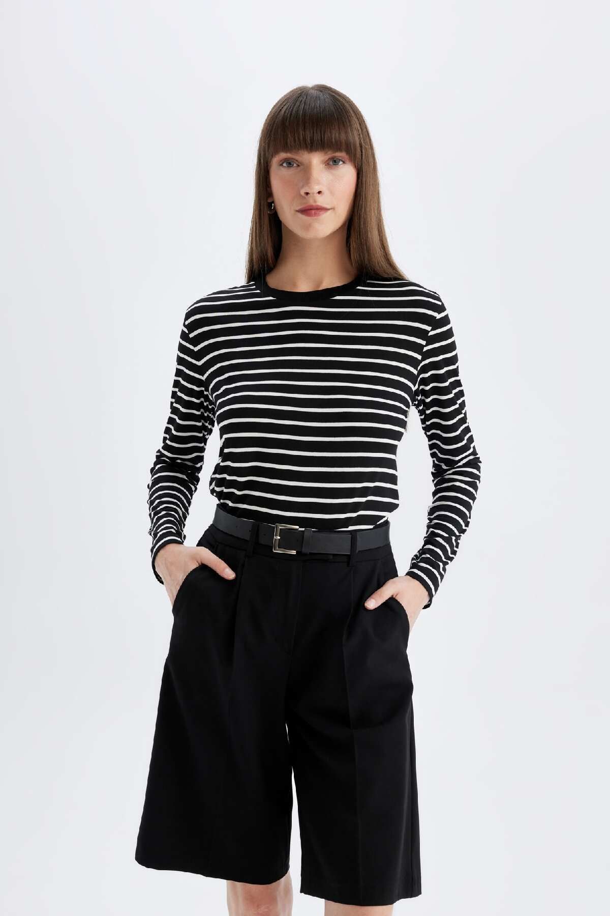 Regular Fit Bisiklet Yaka Çizgili Casual Uzun Kollu Tişört A9254ax24au