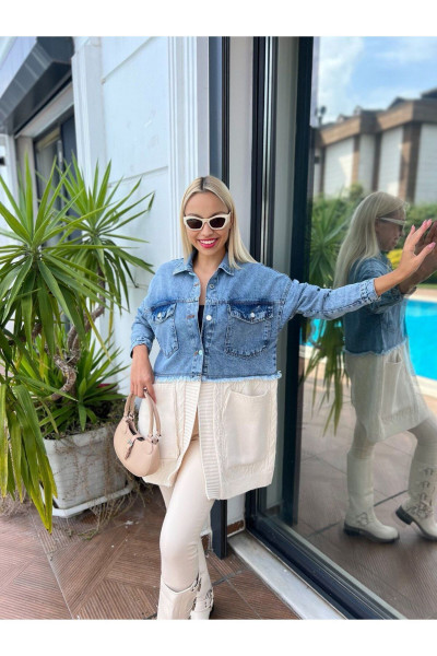 Saç Örgü Detaylı Triko Denim Ceket Saç Örgü Detaylı Triko Denim Ceket