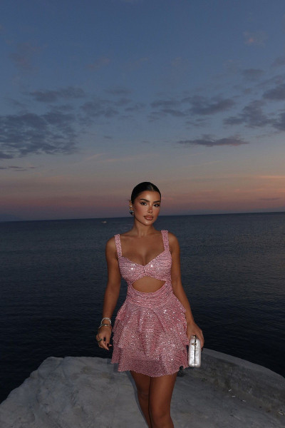 Pembe Malinda Pul Payet Elbise ATE-1620 Pembe Malinda Pul Payet Elbise ATE-1620