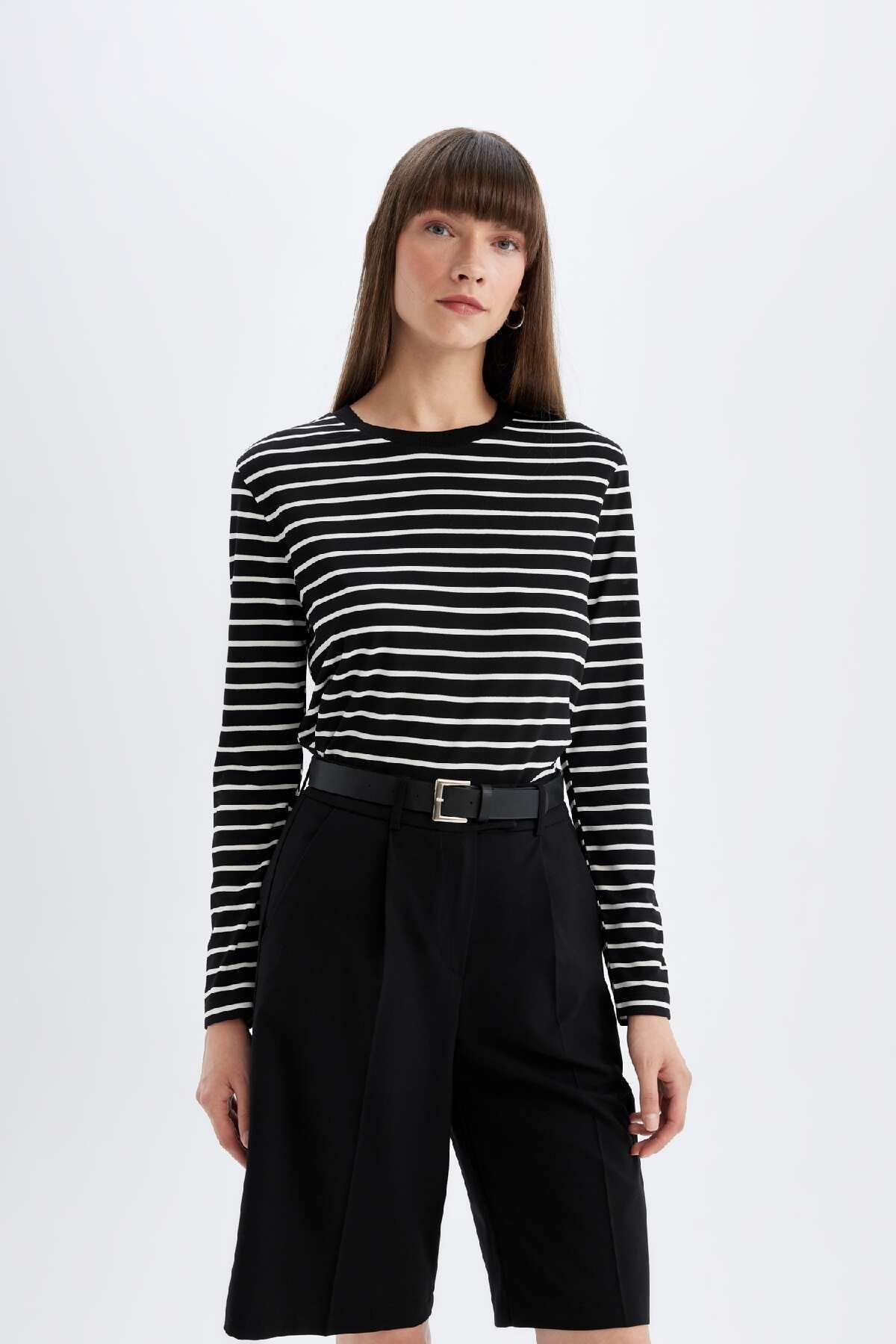 Regular Fit Bisiklet Yaka Çizgili Casual Uzun Kollu Tişört A9254ax24au