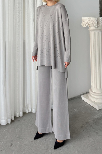 Taşlı Baklava Desenli Kazak Pantolon Triko Takım A.GRİ 24231-TK